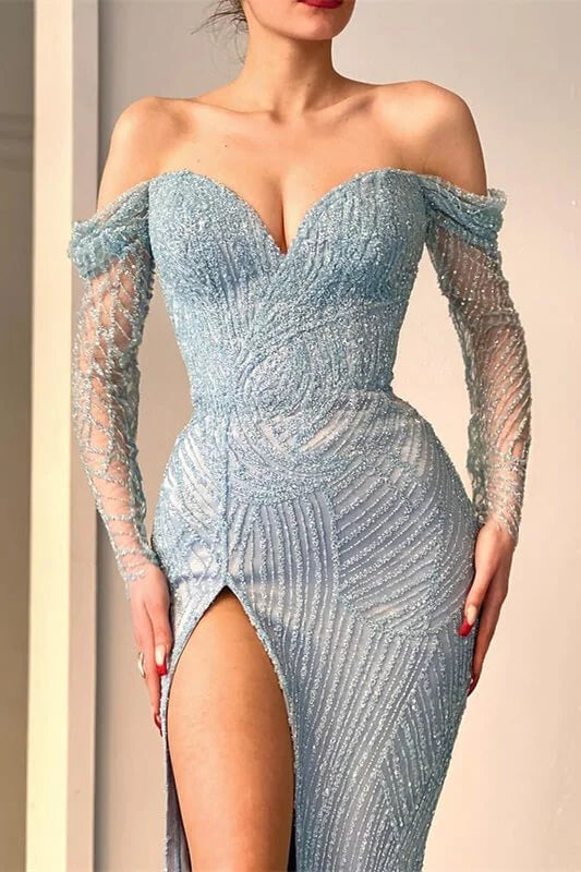 Amazing Long Mermaid Off-the-shoulder Split Lace Sequined Prom Dress With Long Sleeves - Prom Dresses - DYAVOR®