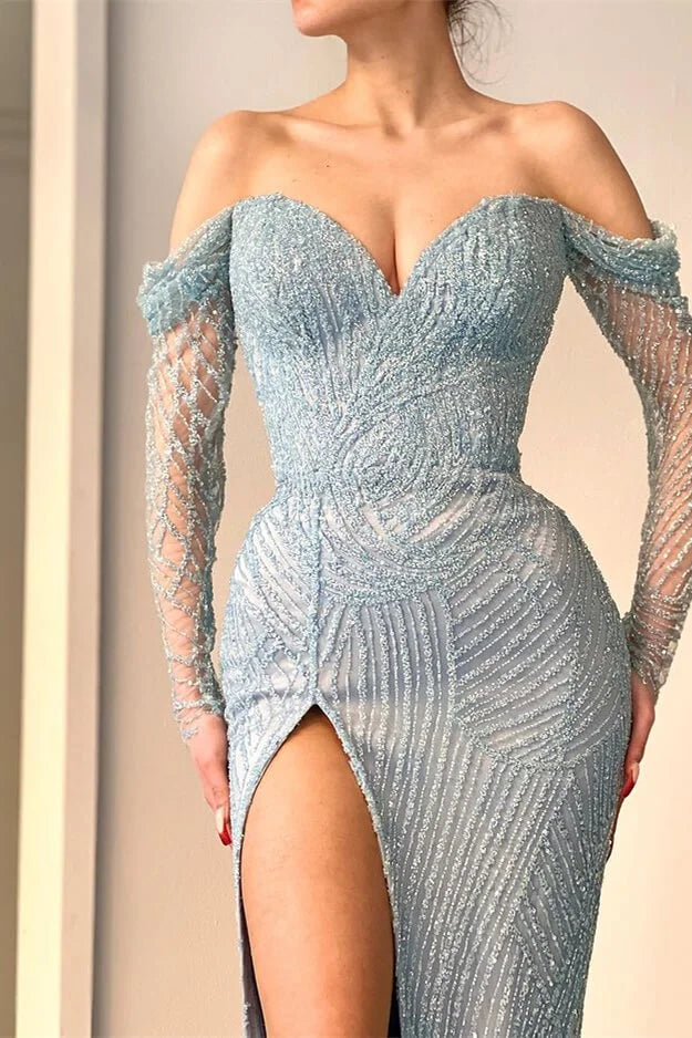 Amazing Long Mermaid Off-the-shoulder Split Lace Sequined Prom Dress With Long Sleeves - Prom Dresses - DYAVOR®