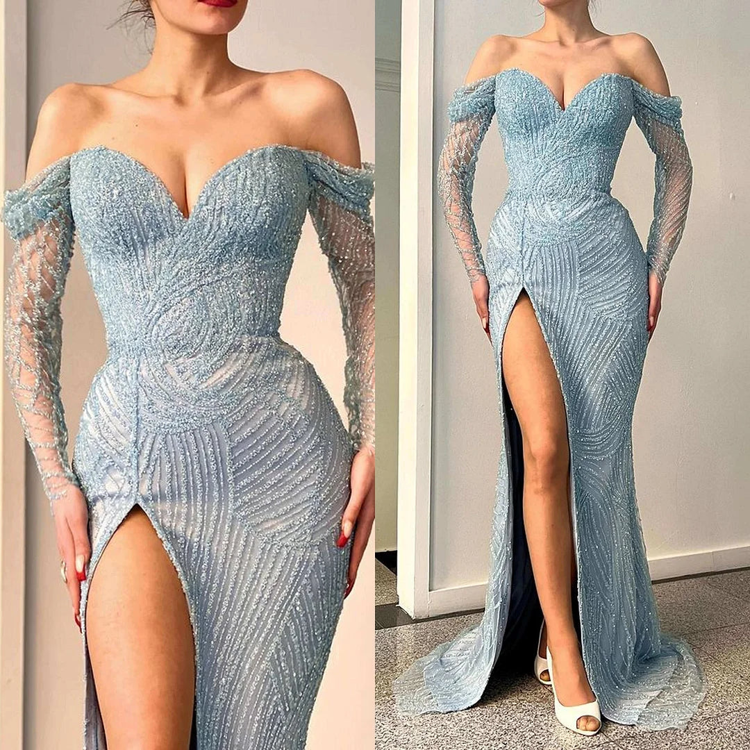 Amazing Long Mermaid Off-the-shoulder Split Lace Sequined Prom Dress With Long Sleeves - Prom Dresses - DYAVOR®