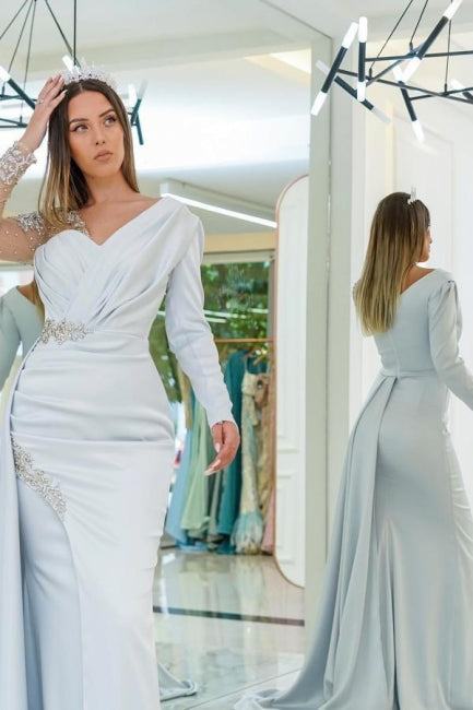 Amazing Silver Long Lace Beading Mermaid Evening Dresses With Long Sleeves - Prom Dresses - DYAVOR®