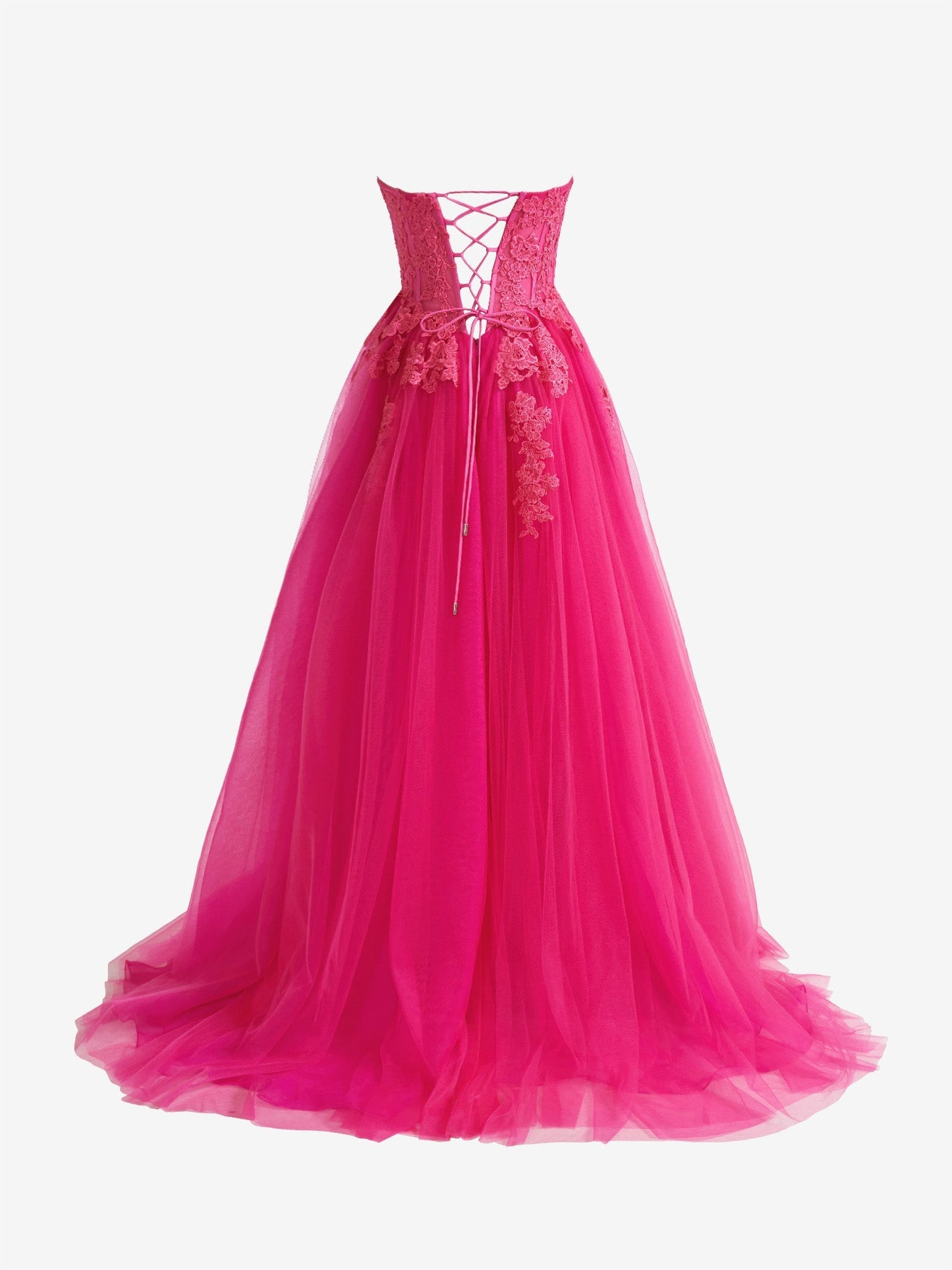 Amora | Hot Pink A-Line Tulle Lace Strapless Long Prom Dress - Prom Dress - DYAVOR®