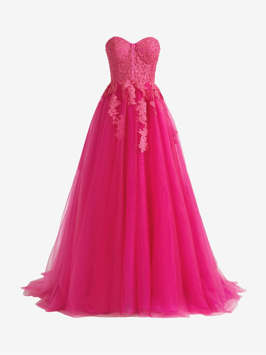 Amora | Hot Pink A-Line Tulle Lace Strapless Long Prom Dress - Prom Dress - DYAVOR®