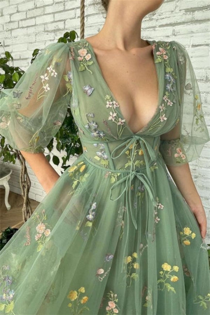 Ankle Length Green V-neck A-line Prom Dresses With Sleeves - Prom Dresses - DYAVOR®