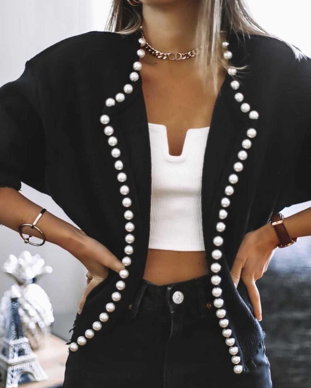 'Pearl Buttons' Black Cardigan - - DYAVOR®