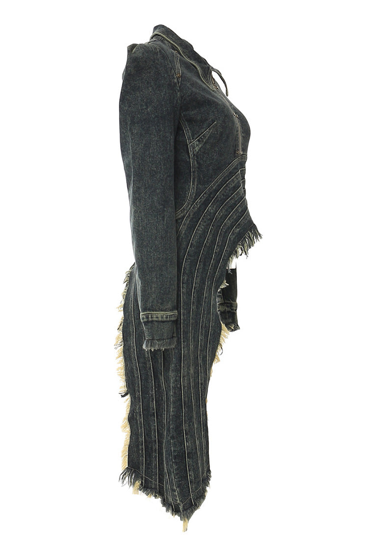 Asymmetric Drape Lapel Collar Long Sleeve Half Zip Fringe Denim Jacket - Denim - DYAVOR®