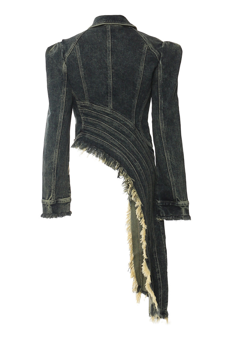 Asymmetric Drape Lapel Collar Long Sleeve Half Zip Fringe Denim Jacket - Denim - DYAVOR®