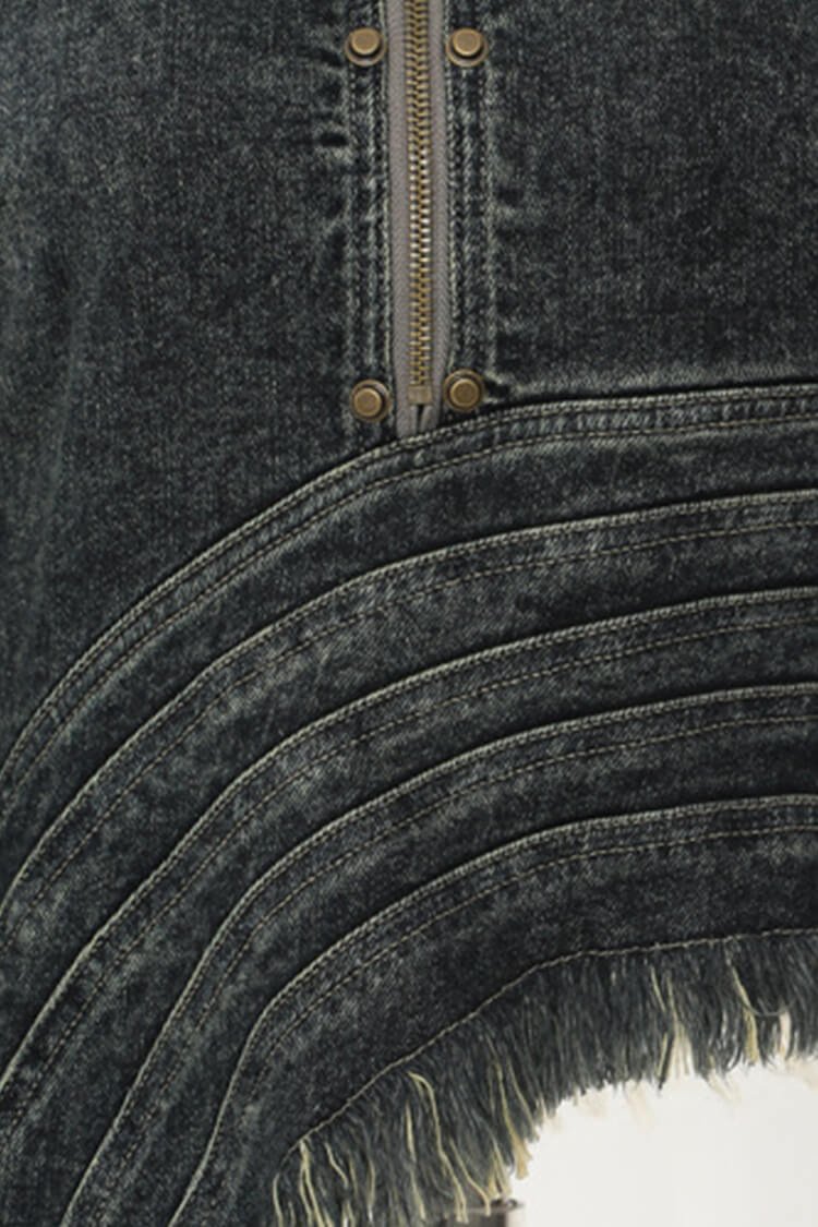 Asymmetric Drape Lapel Collar Long Sleeve Half Zip Fringe Denim Jacket - Denim - DYAVOR®