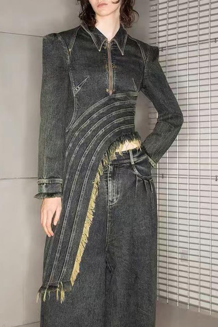 Asymmetric Drape Lapel Collar Long Sleeve Half Zip Fringe Denim Jacket - Denim - DYAVOR®