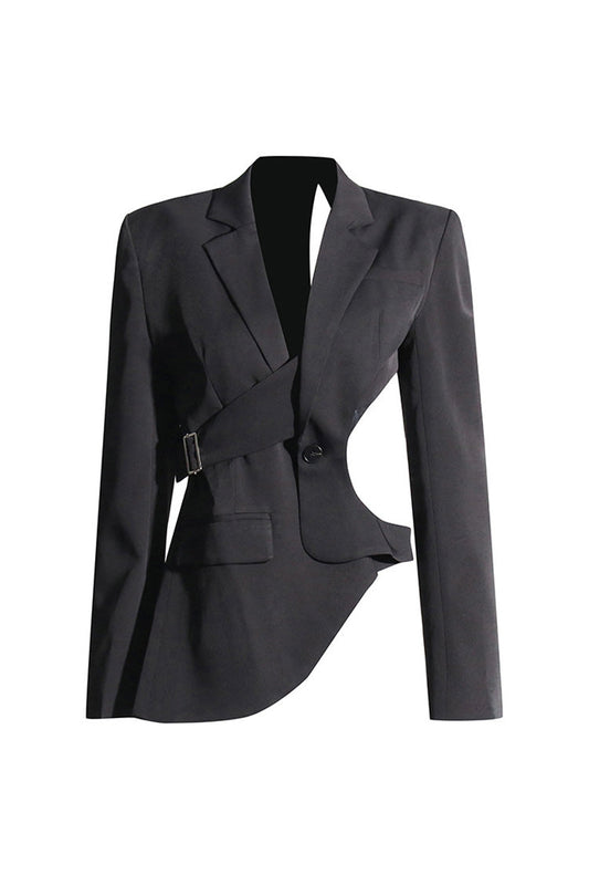 Asymmetric Hem Lapel Long Sleeve Cinched Waist Belted Cutout Blazer - Blazers - DYAVOR®