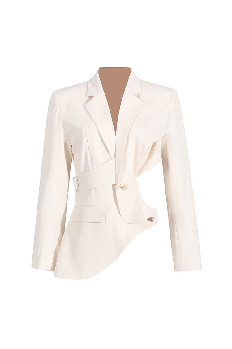 Asymmetric Hem Lapel Long Sleeve Cinched Waist Belted Cutout Blazer - Blazers - DYAVOR®