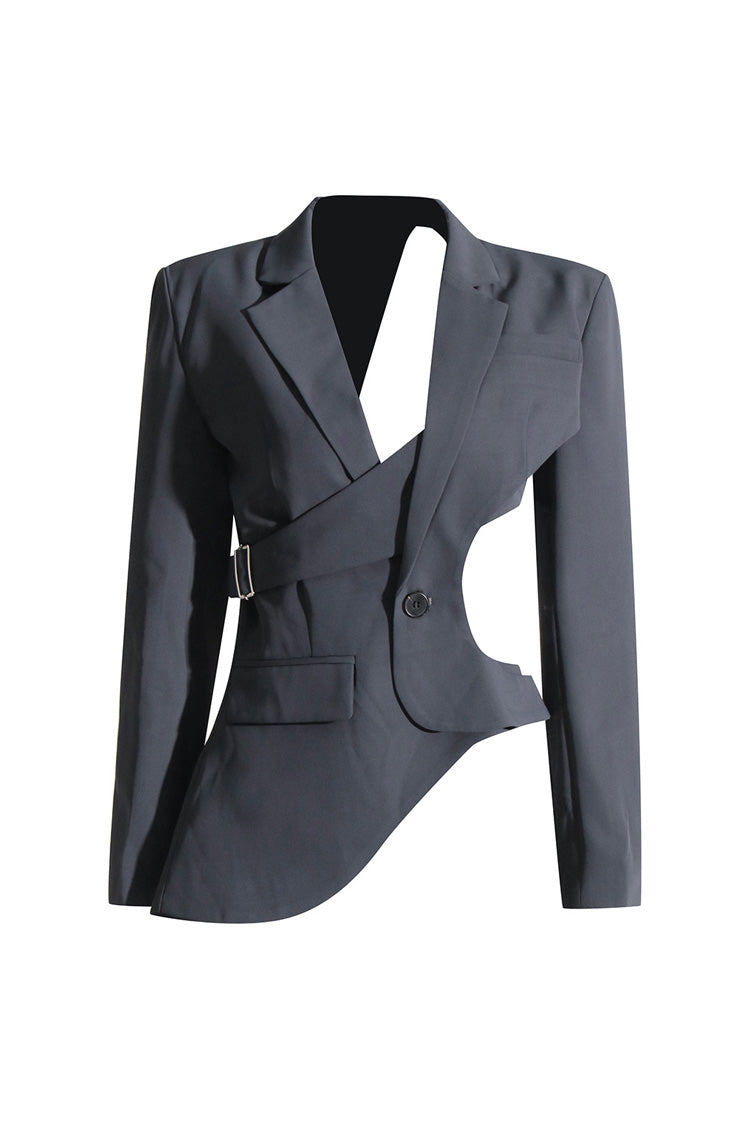 Asymmetric Hem Lapel Long Sleeve Cinched Waist Belted Cutout Blazer - Blazers - DYAVOR®