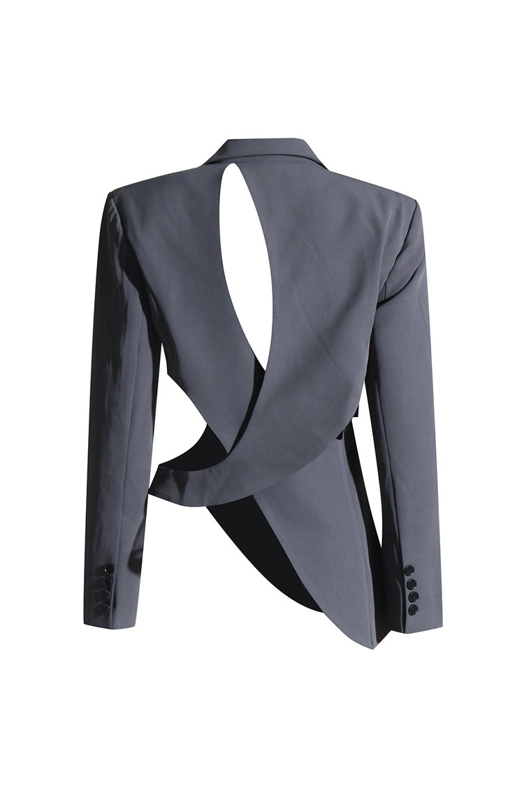 Asymmetric Hem Lapel Long Sleeve Cinched Waist Belted Cutout Blazer - Blazers - DYAVOR®