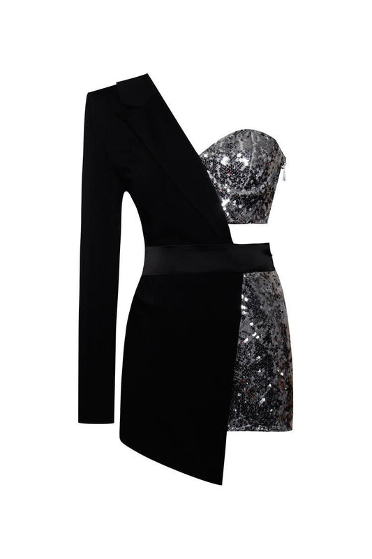 Asymmetric One Sleeve Sequin Embellished Cutout Hybrid Blazer Romper - Rompers - DYAVOR®