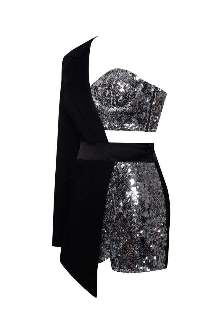 Asymmetric One Sleeve Sequin Embellished Cutout Hybrid Blazer Romper - Rompers - DYAVOR®