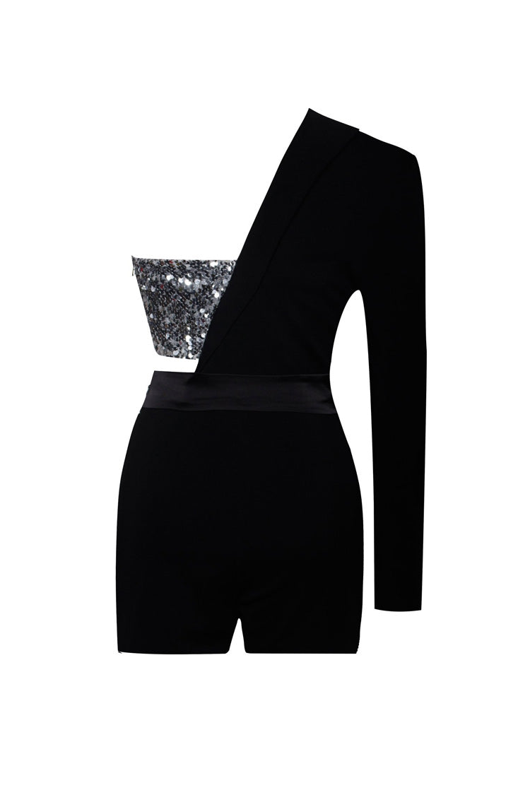 Asymmetric One Sleeve Sequin Embellished Cutout Hybrid Blazer Romper - Rompers - DYAVOR®