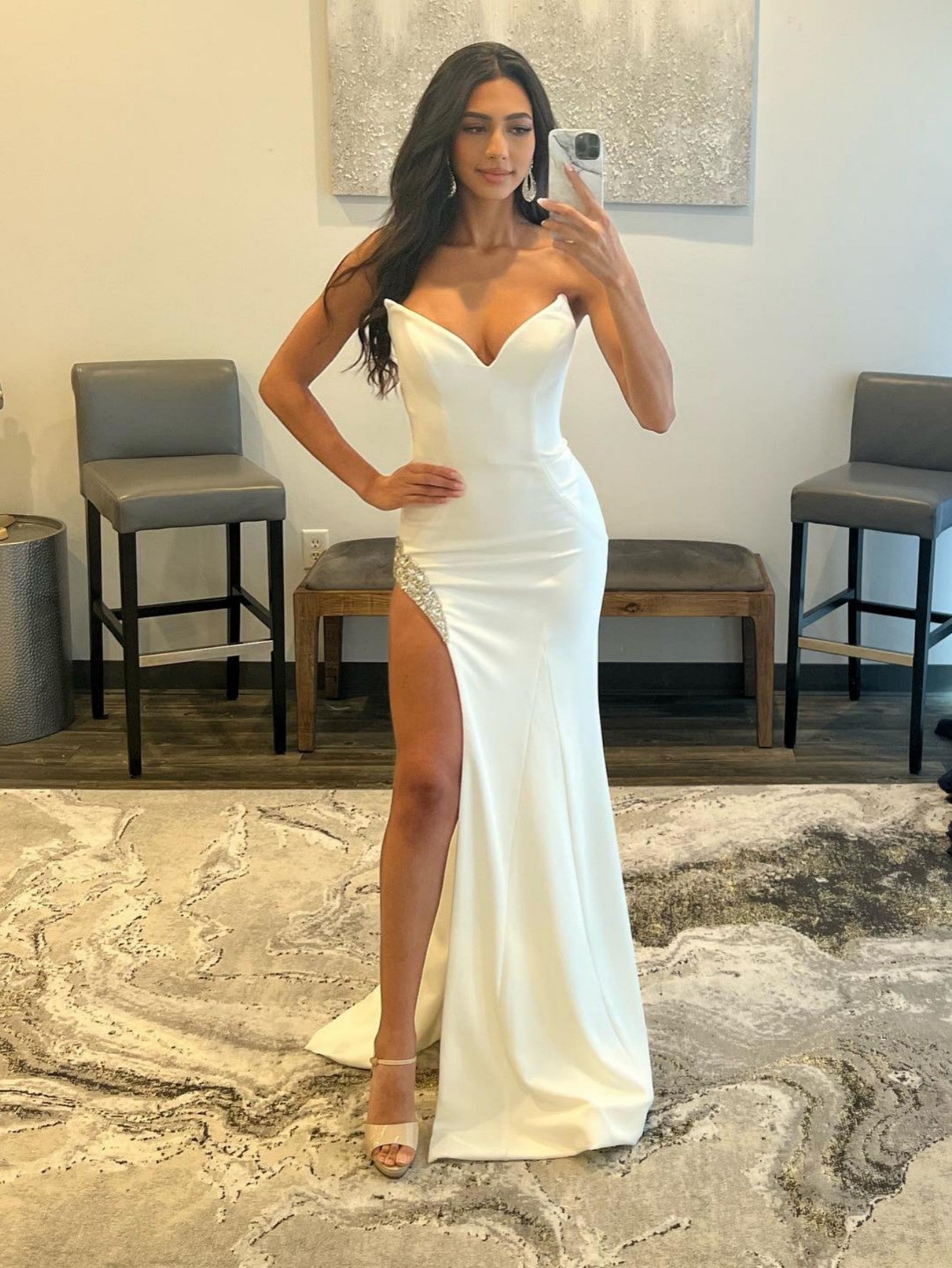 White Strapless V Neck Long Prom Dress With Slit - Prom Dress - DYAVOR®