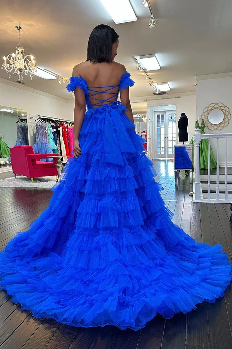 Adalynn | Royal Blue Off the Shoulder Ruffle Tiered Tulle Long Prom Dresses with Slit - Prom Dress - DYAVOR®