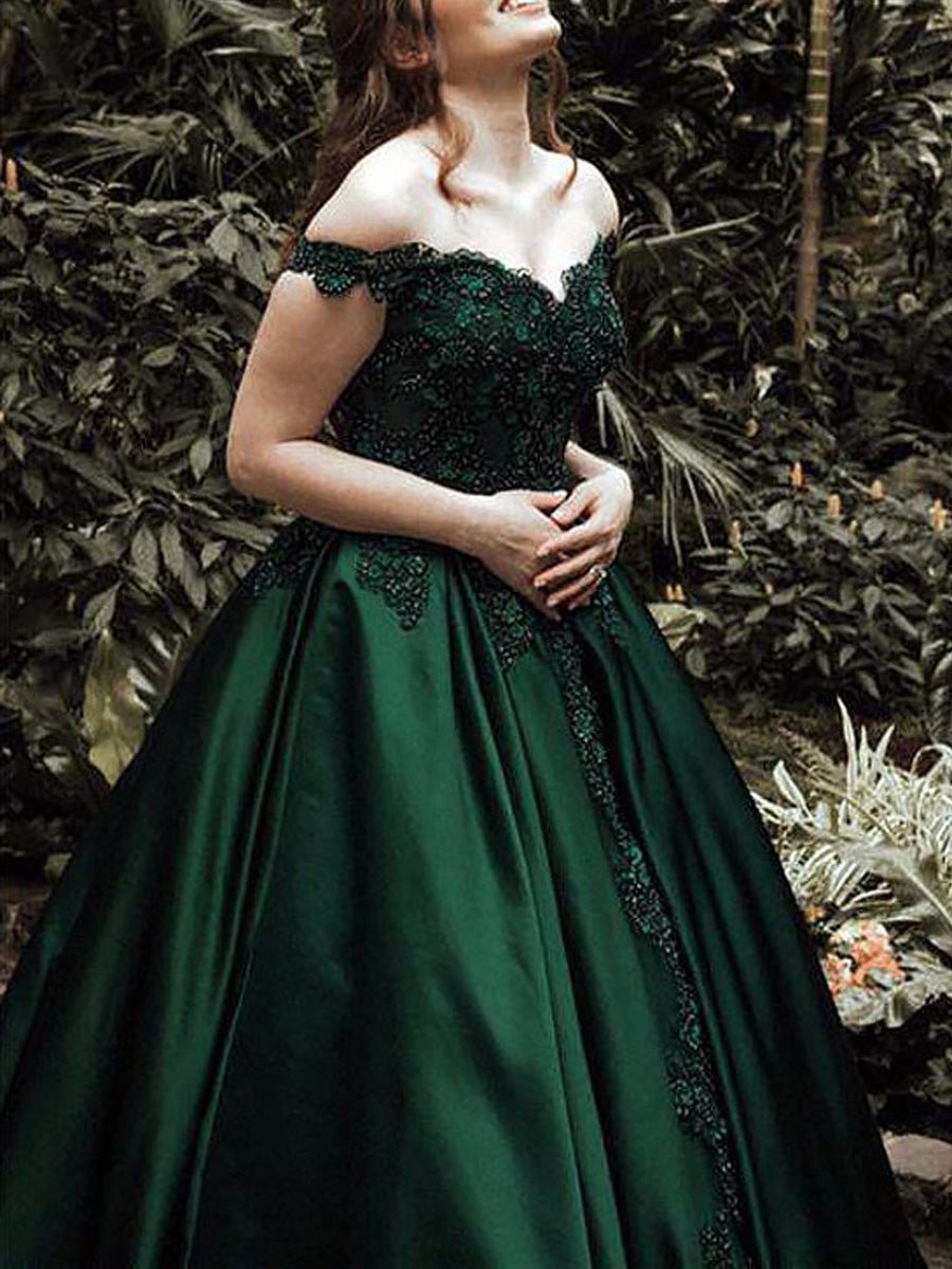 Louise | Ball Gown Off-the-Shoulder Sleeveless Sweep Train Satin Prom Dress With Appliqued Beading - Prom Dress - DYAVOR®