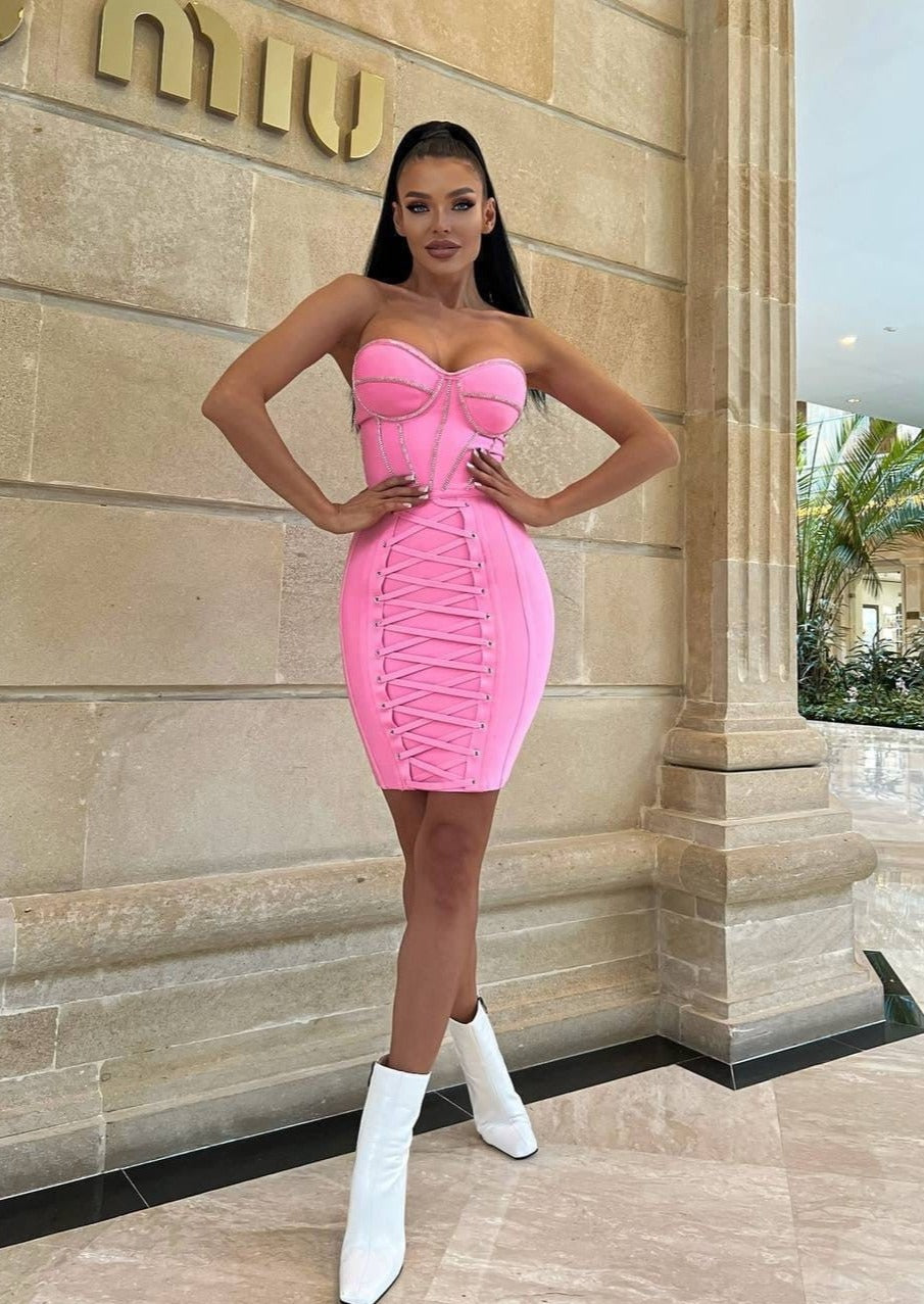 Pink Strapless Corset-style Bandage Dress -  - DYAVOR®