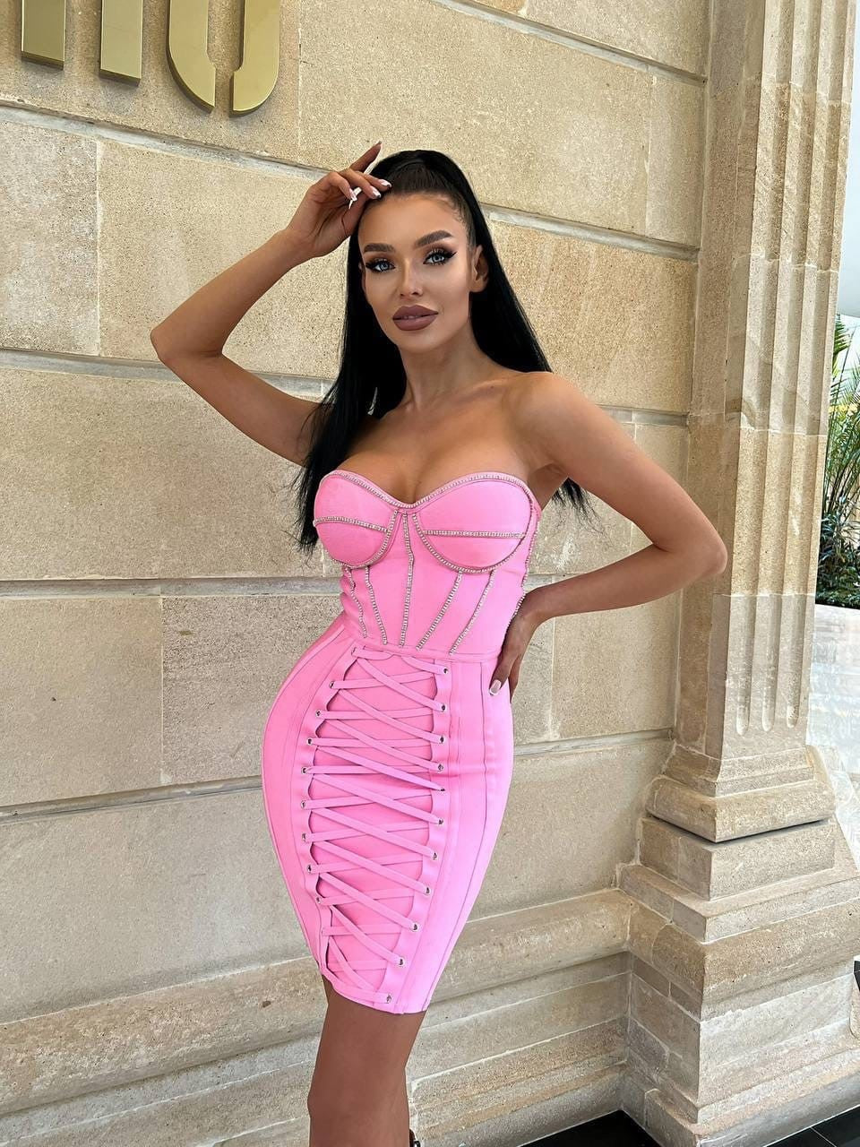 Pink Strapless Corset-style Bandage Dress -  - DYAVOR®