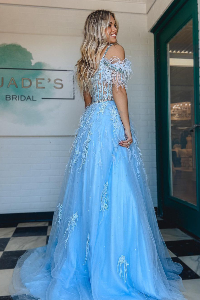 Amalia |A line V Neck Lace Tulle Prom Dress with Beading and Feather - Prom Dress - DYAVOR®