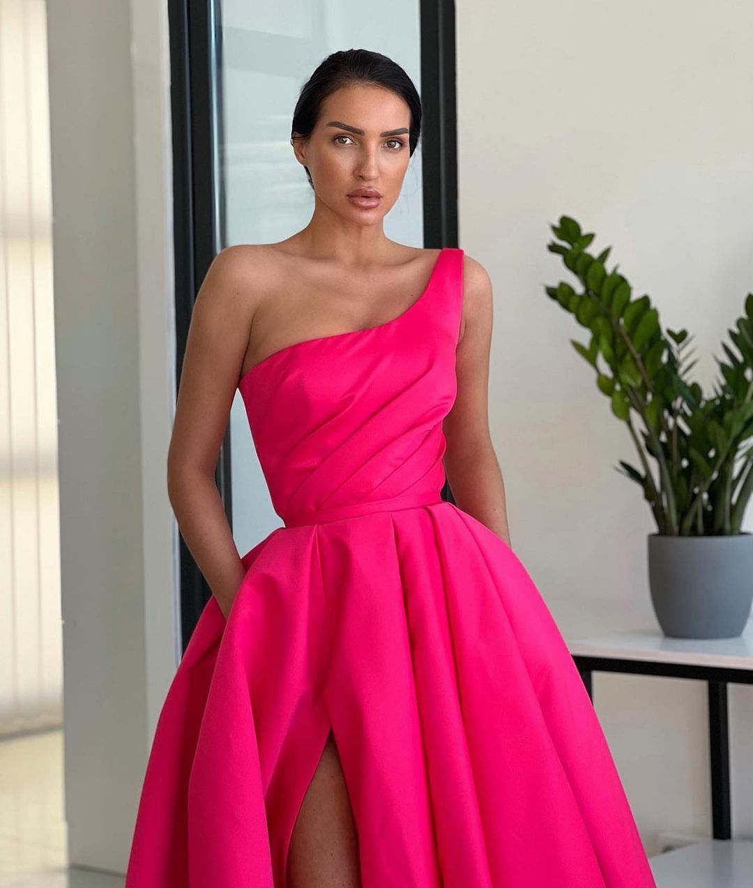Ariella | Charming A Line One Shoulder Fuchsia Sequins Long Prom Dresses with Slit - Prom Dress - DYAVOR®