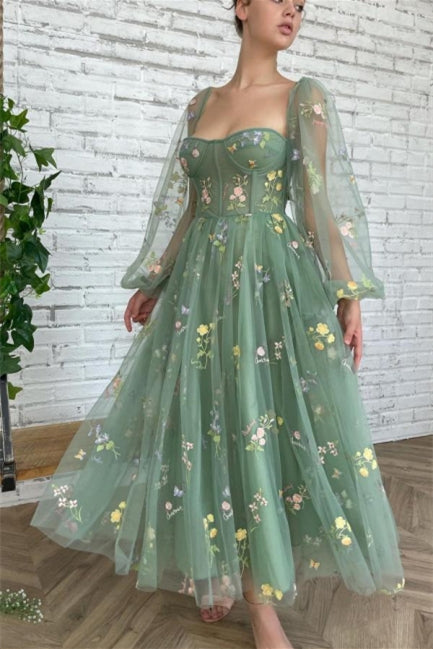Beautiful Ankle Length A-line Long Sleeves Floral Prom Dress - Prom Dresses - DYAVOR®