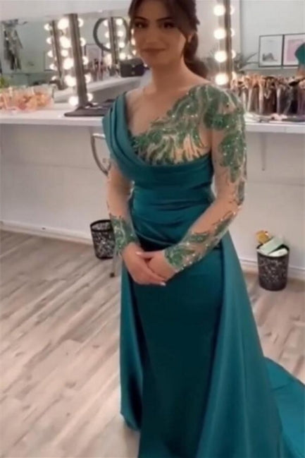 Beautiful Green Long Beading Long Sleeves Prom Dress With Slit - Prom Dresses - DYAVOR®