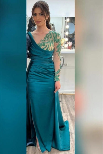 Beautiful Green Long Beading Long Sleeves Prom Dress With Slit - Prom Dresses - DYAVOR®