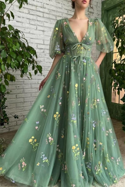 Beautiful Green V-neck A-line Appliques Prom Dress - Prom Dresses - DYAVOR®