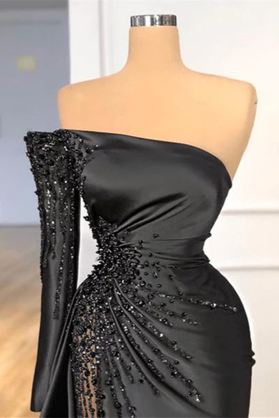 Beautiful Long Black Off-the-shoulder Beading Prom Dress With Long Sleeve - Prom Dresses - DYAVOR®