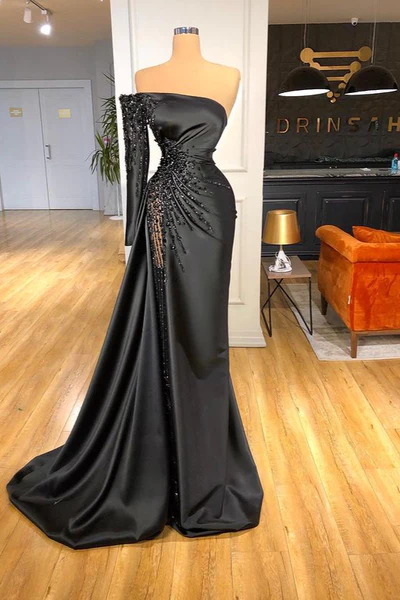 Beautiful Long Black Off-the-shoulder Beading Prom Dress With Long Sleeve - Prom Dresses - DYAVOR®