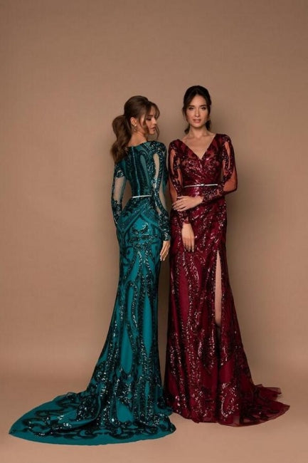 Beautiful Long Black V-neck Mermaid Glitter Evening Dresses with Long Sleeves - Prom Dresses - DYAVOR®