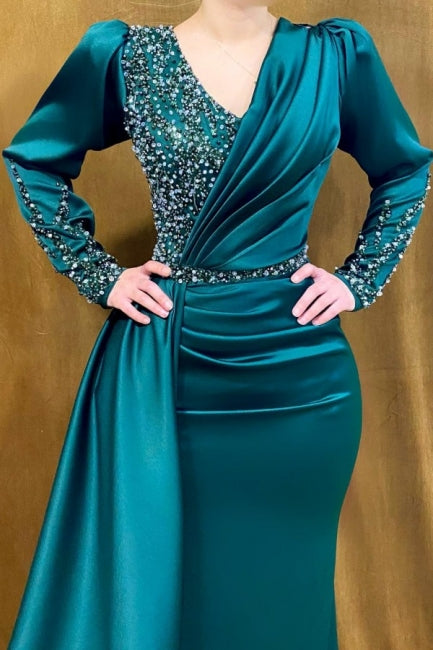 Beautiful Long Green V-neck Beading Mermaid Evening Dresses With Long Sleeves - Prom Dresses - DYAVOR®
