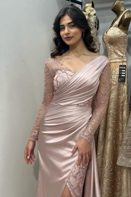 Beautiful Long Pink Mermaid Glitter Lace Split Front Prom Dresses with Long Sleeves - Prom Dresses - DYAVOR®