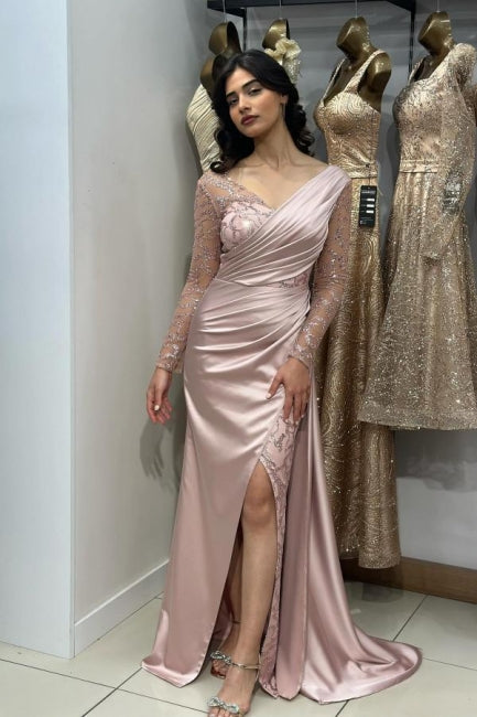 Beautiful Long Pink Mermaid Glitter Lace Split Front Prom Dresses with Long Sleeves - Prom Dresses - DYAVOR®