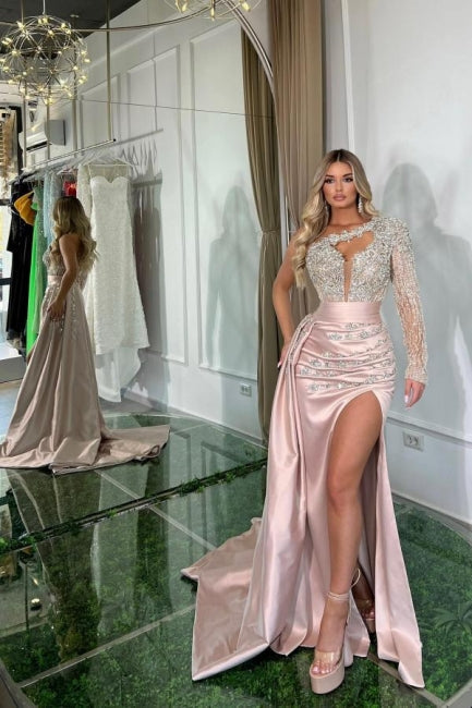 Beautiful Long Pink Mermaid One Shoulder Long Sleeve Glitter Prom Dress With Slit - Prom Dresses - DYAVOR®