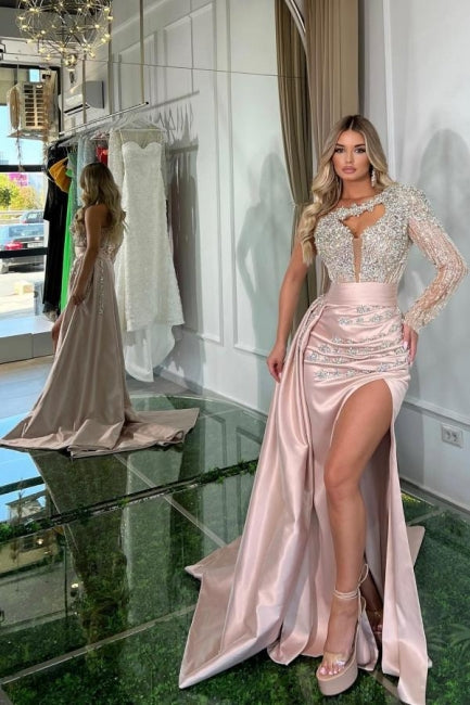 Beautiful Long Pink Mermaid One Shoulder Long Sleeve Glitter Prom Dress With Slit - Prom Dresses - DYAVOR®