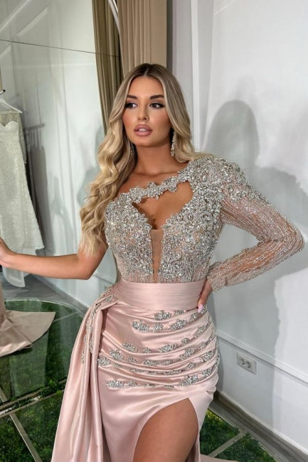 Beautiful Long Pink Mermaid One Shoulder Long Sleeve Glitter Prom Dress With Slit - Prom Dresses - DYAVOR®