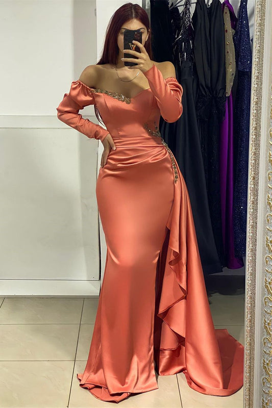 Beautiful Long Satin V-neck Long Sleeves Prom Dress With Rhinestone - Prom Dresses - DYAVOR®