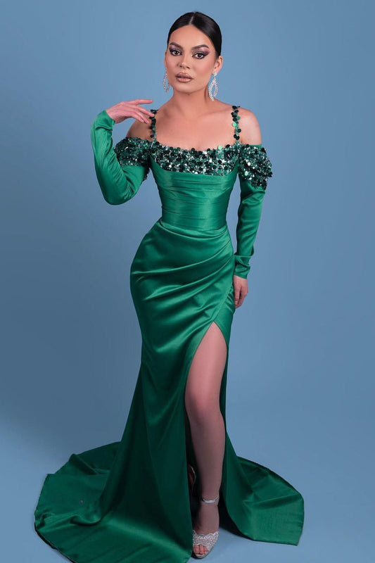 Beautiful Long Spaghetti Green Satin Mermaid Prom Dresses With Long Sleeve - Prom Dresses - DYAVOR®