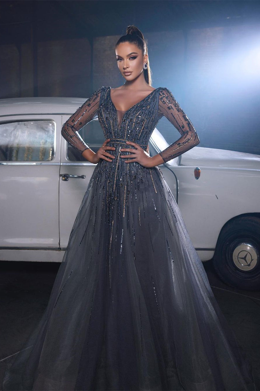Beautiful Sequined V-neck A-line Sleeveless Prom Dress With Long Sleeves - Prom Dresses - DYAVOR®