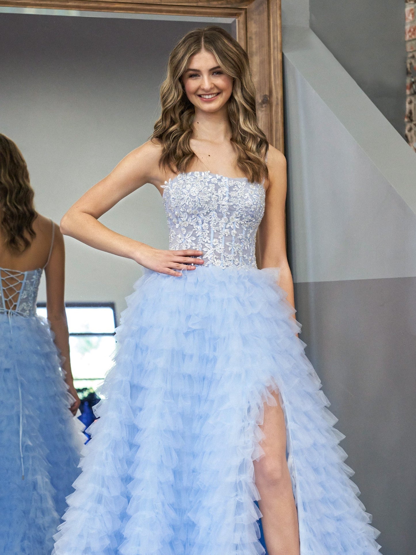Jordan | Sky Blue A-Line Tiered Sequins Tulle Long Prom Dress - Prom Dress - DYAVOR®