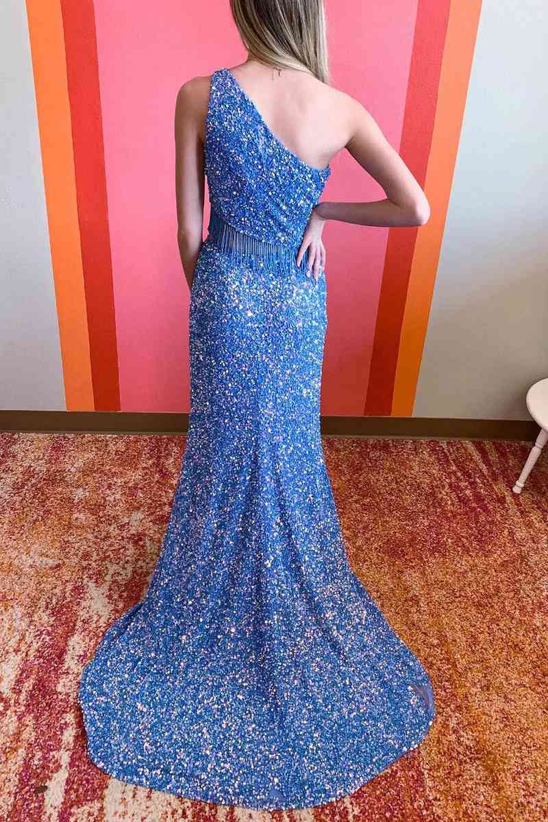Eileen | Green Two Piece Sequined One Shoulder Long Party Dress with Tassel - Prom Dress - DYAVOR®