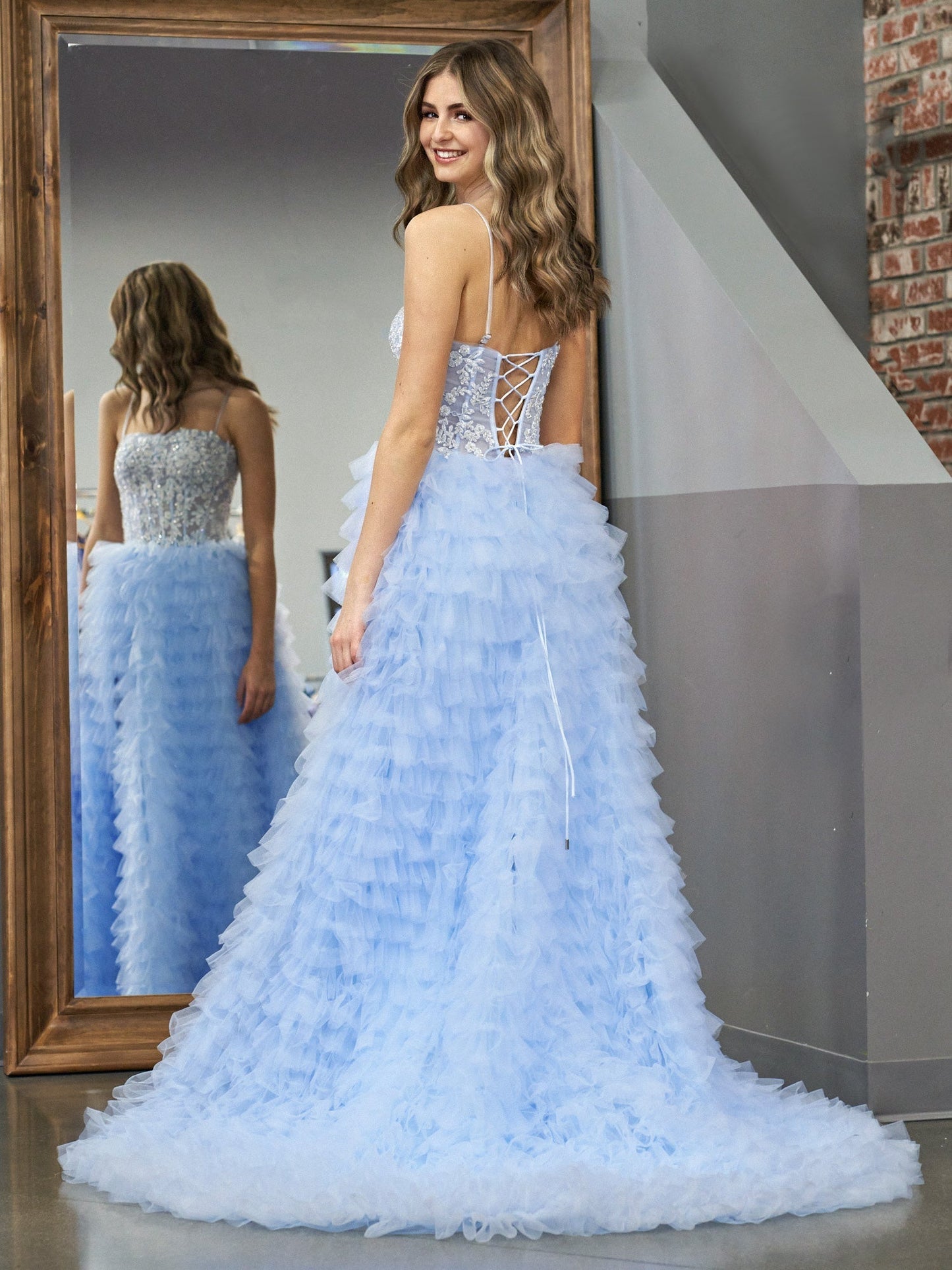 Jordan | Sky Blue A-Line Tiered Sequins Tulle Long Prom Dress - Prom Dress - DYAVOR®