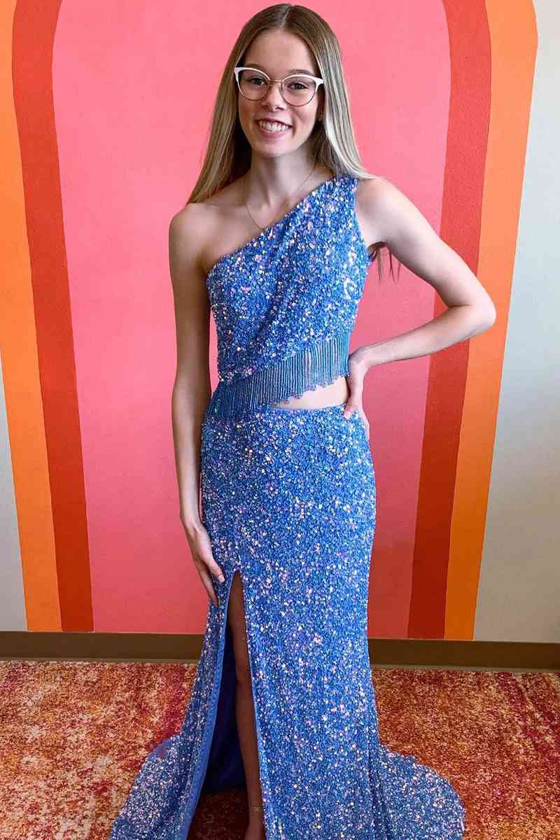 Eileen | Green Two Piece Sequined One Shoulder Long Party Dress with Tassel - Prom Dress - DYAVOR®