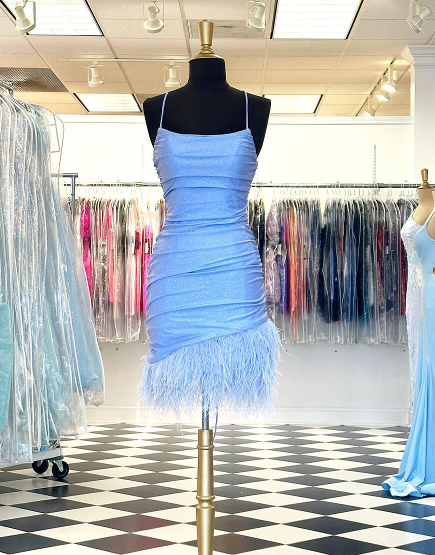 Anastasia |Sheath Blue Homecoming Dress with Feathers - Homecoming Dress - DYAVOR®