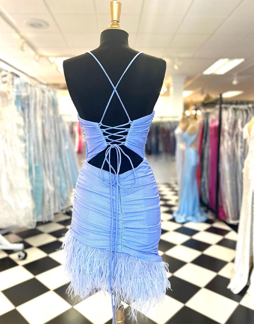 Anastasia |Sheath Blue Homecoming Dress with Feathers - Homecoming Dress - DYAVOR®
