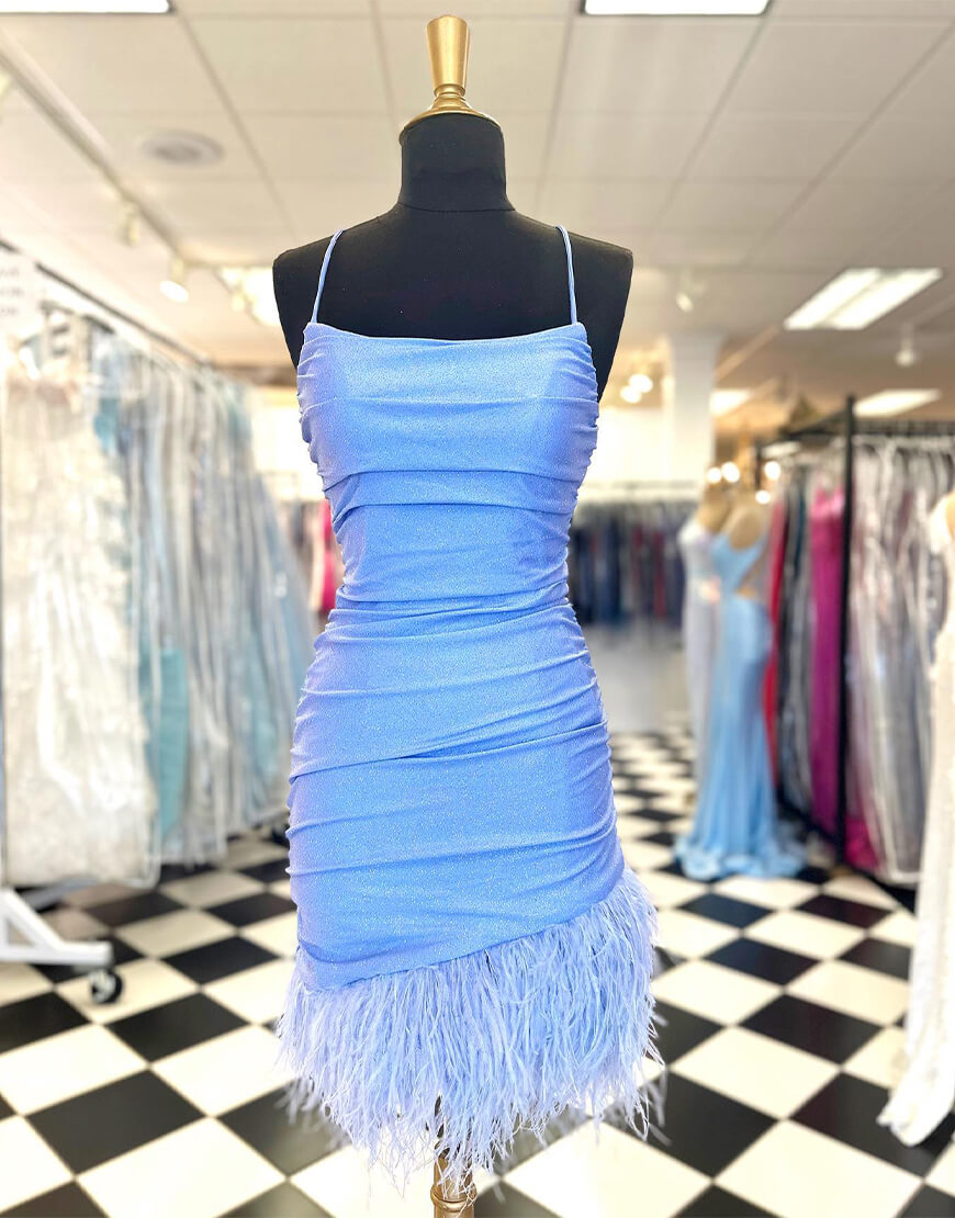Anastasia |Sheath Blue Homecoming Dress with Feathers - Homecoming Dress - DYAVOR®