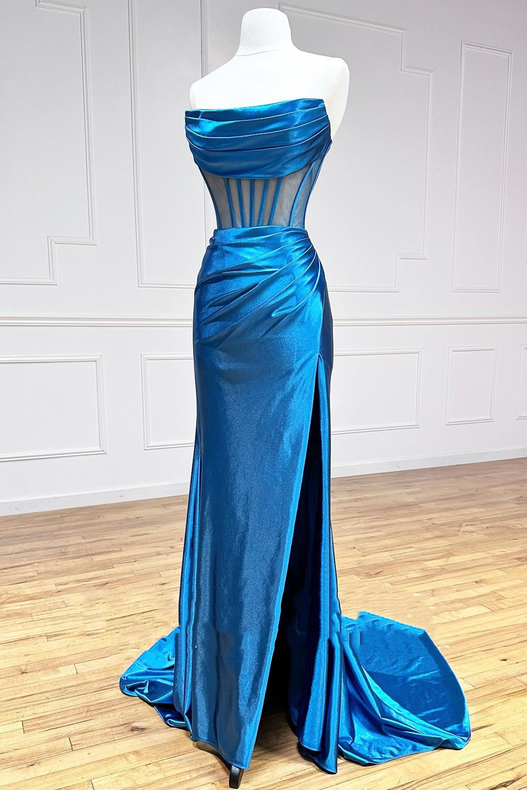Strapless Pleated Boning Sheer Long Prom Dress with Slit - prom dress - DYAVOR®